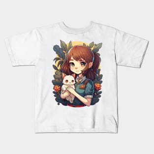 Girl and Cat Kawaii Anime Cat Lovers Kids T-Shirt